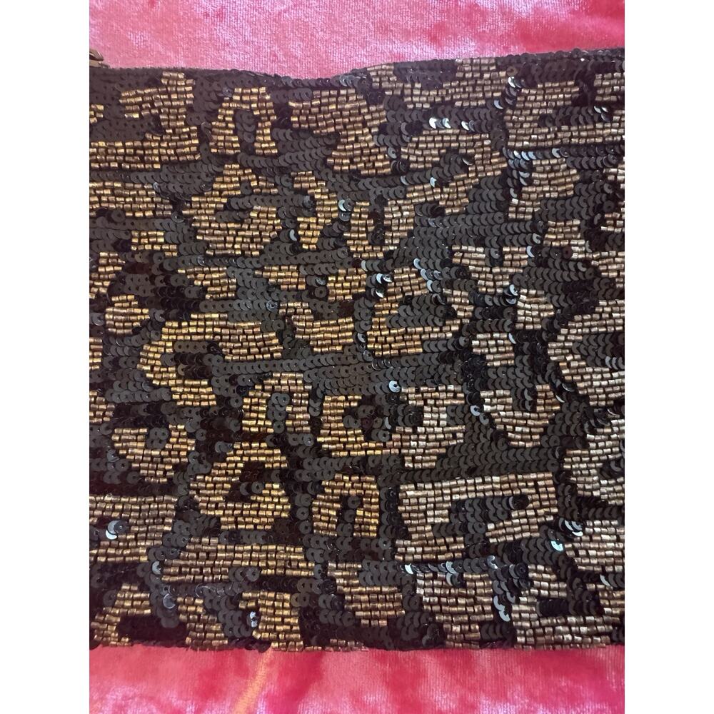 World Market Sequin Beaded Clutch Black Gold Cheetah Glam Fancy Velvet - Picture 2 of 7